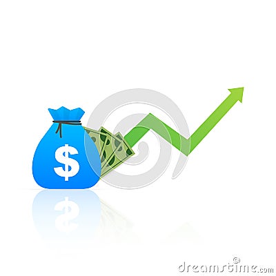 Profit money or budget. Cash and rising graph arrow up, concept of business success. Capital earnings, benefit. Vector Illustration